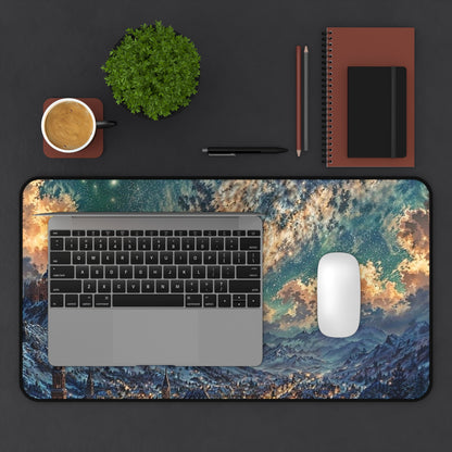 Starry Fantasy Mountain Village Desk Mat | Night Sky Landscape Mouse Pad