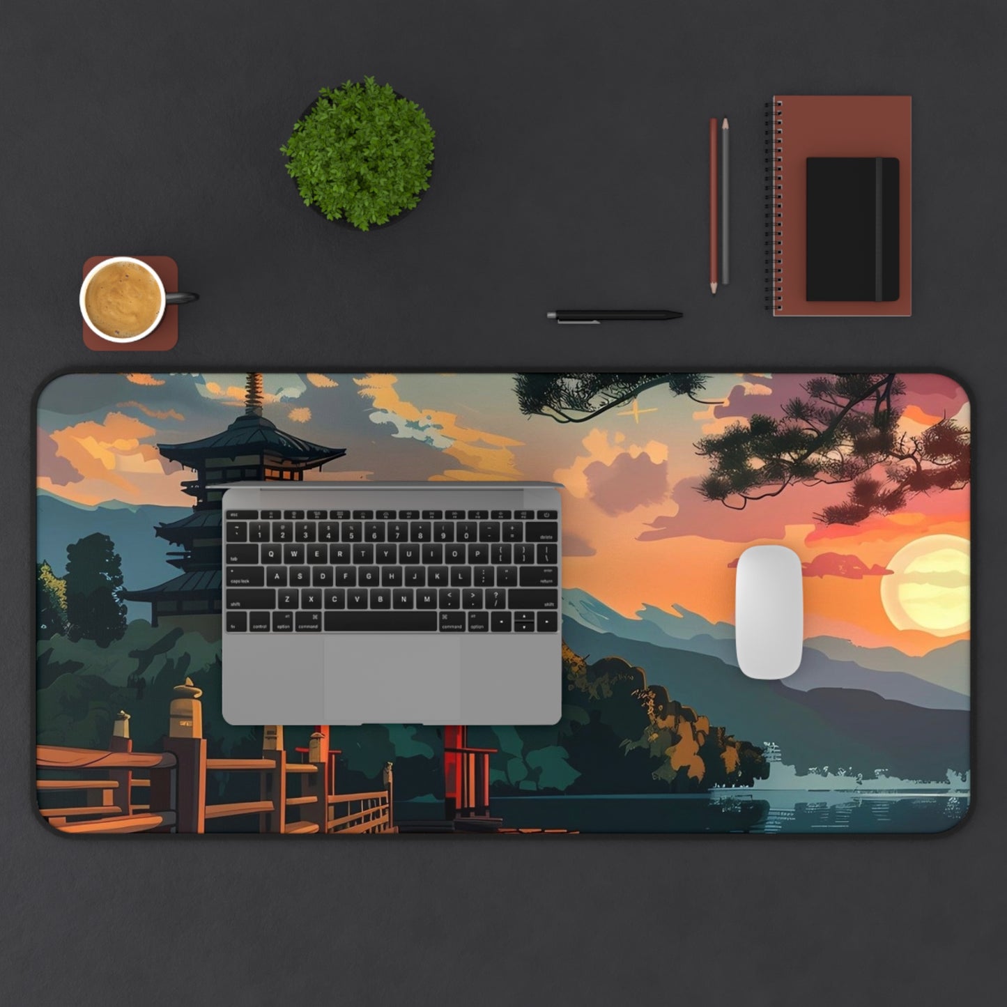 Sunset Japanese Temple Desk Mat | Scenic Anime Landscape Mouse Pad