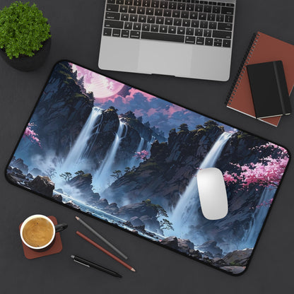 Moonlit Waterfall Landscape Desk Mat | Sakura River Scene