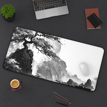 Zen Ink Landscape Desk Mat — Black & White Bonsai Moon Mouse Pad