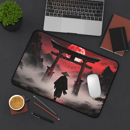 Samurai Torii Gate desk mat | Red Moon Japanese Landscape, Foggy Mountain Mousepad