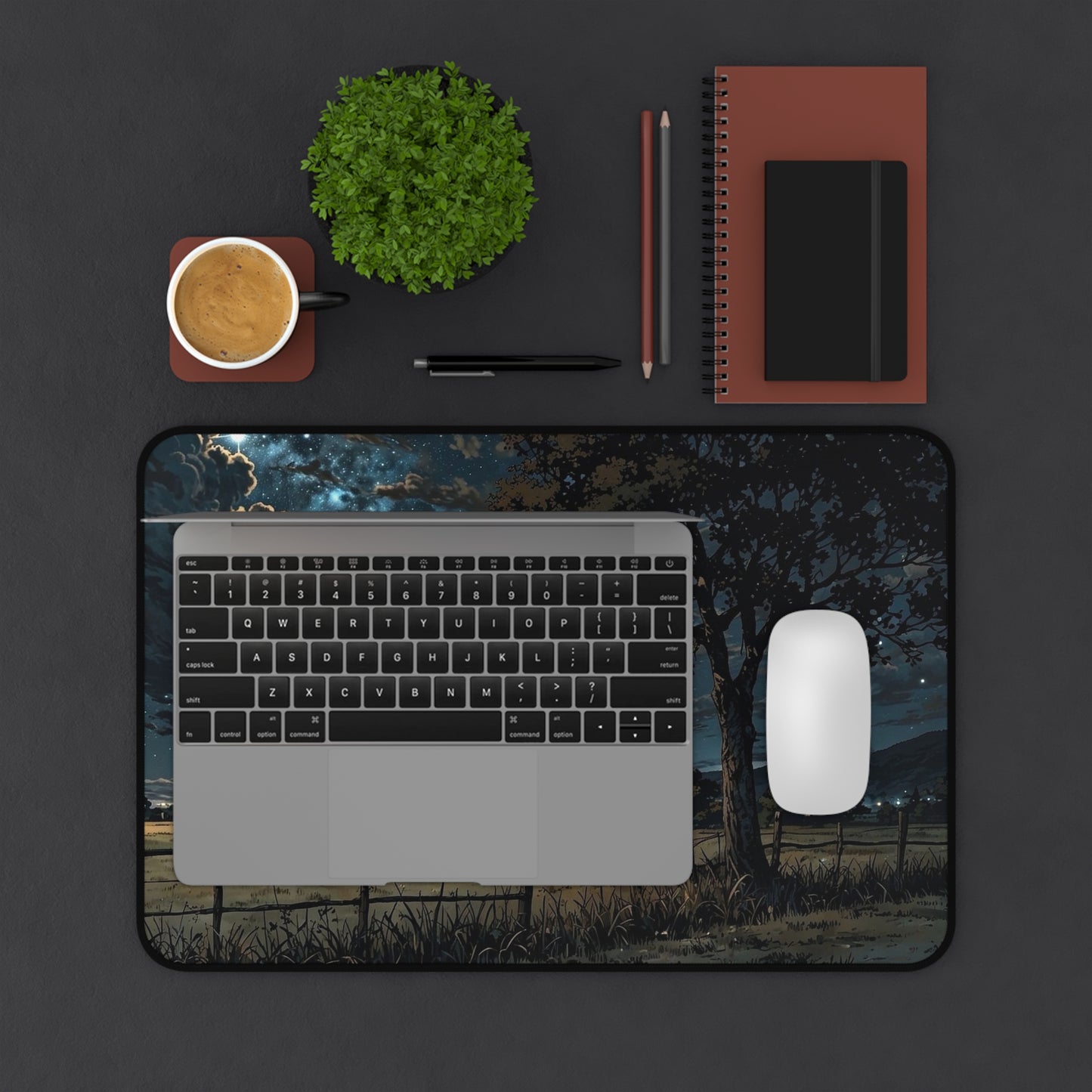 Starry Night Countryside Desk Mat | Moonlit Field Mousepad