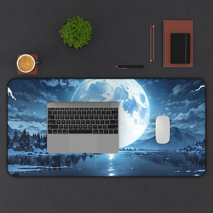 Blue Full Moon Lake Scene Desk Mat | Night Sky Mouse Pad