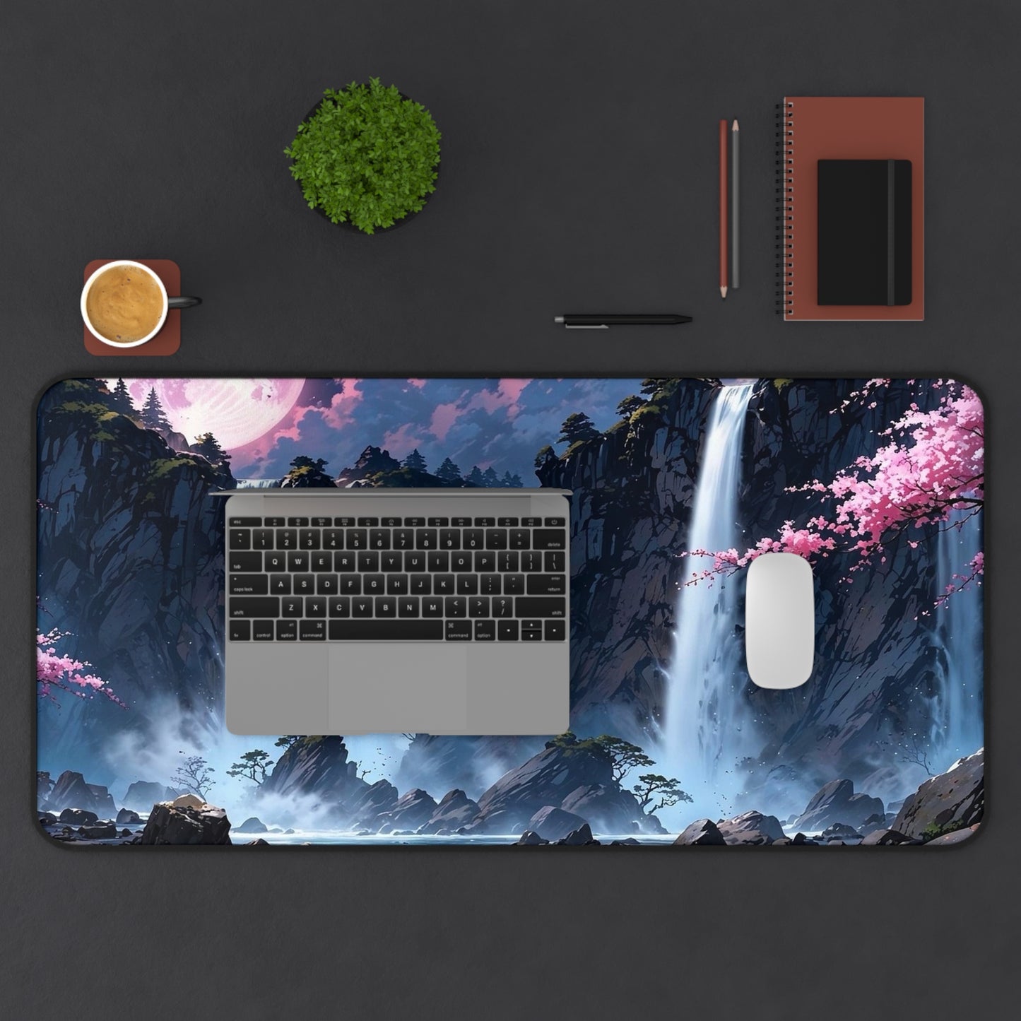 Moonlit Waterfall Landscape Desk Mat | Sakura River Scene
