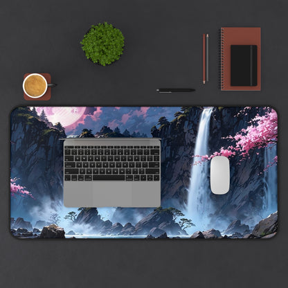 Moonlit Waterfall Landscape Desk Mat | Sakura River Scene