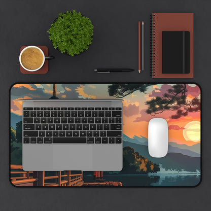 Sunset Japanese Temple Desk Mat | Scenic Anime Landscape Mouse Pad