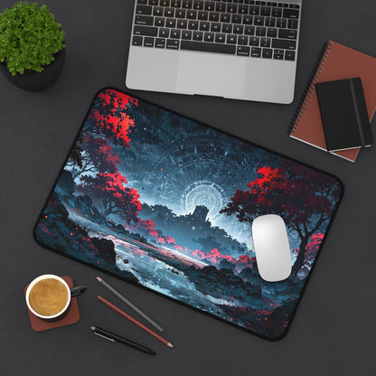 Mystic Castle Landscape Desk Mat | Night Sky, Red Trees, Fantasy Scene