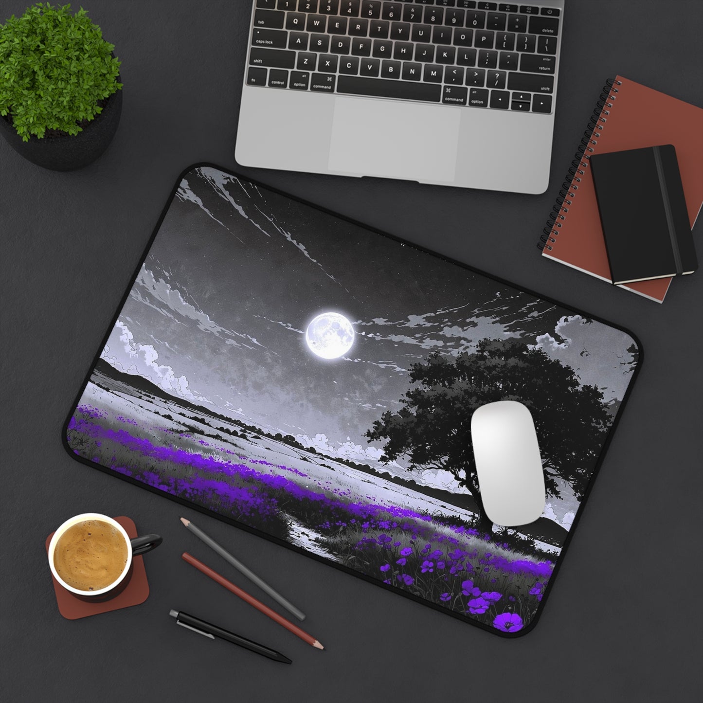 Moonlit Lavender Field Desk Mat | Night Landscape Mouse Pad