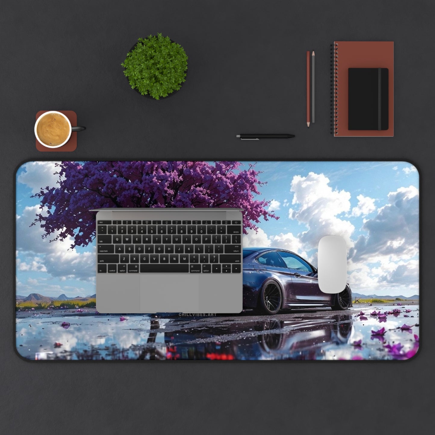Purple Blossom Sports Car Desk Mat | Scenic Reflection Mouse Pad