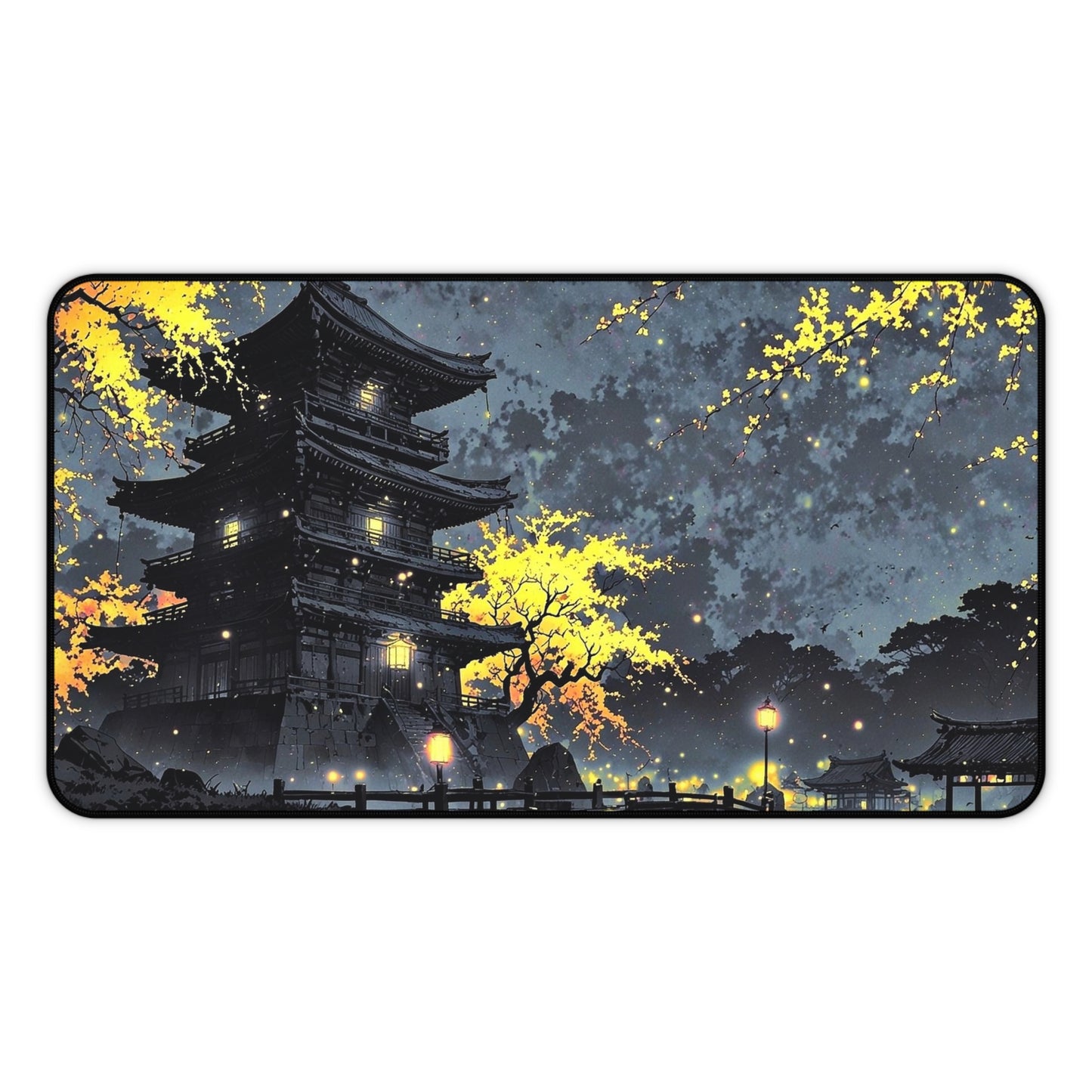 Nighttime Pagoda Landscape Desk Mat | Japanese Temple Scene Mouse Pad