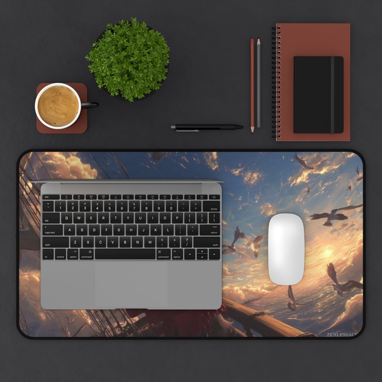 Sunset Sailor Scene Desk Mat | Seagulls, Ocean Sky Artwork