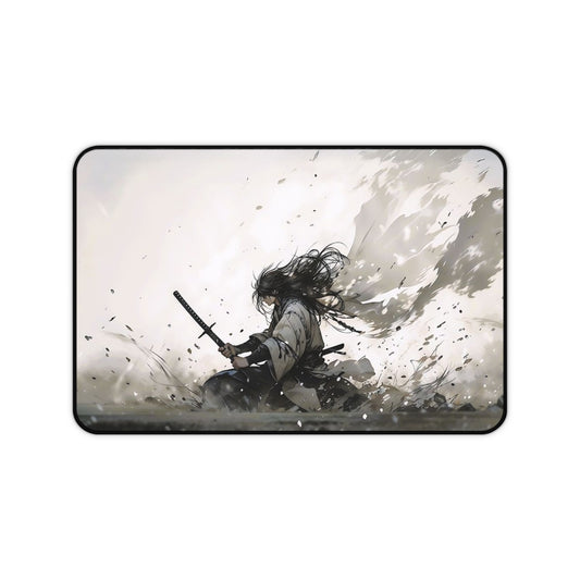 Samurai Battle Desk Mat — Epic Monochrome Sword Warrior Mouse Pad