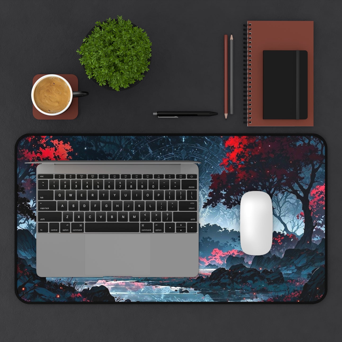 Mystic Castle Landscape Desk Mat | Night Sky, Red Trees, Fantasy Scene