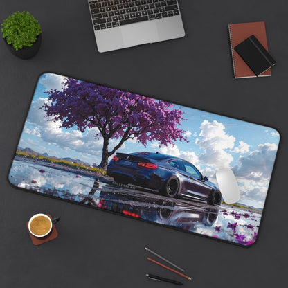 Purple Blossom Sports Car Desk Mat | Scenic Reflection Mouse Pad