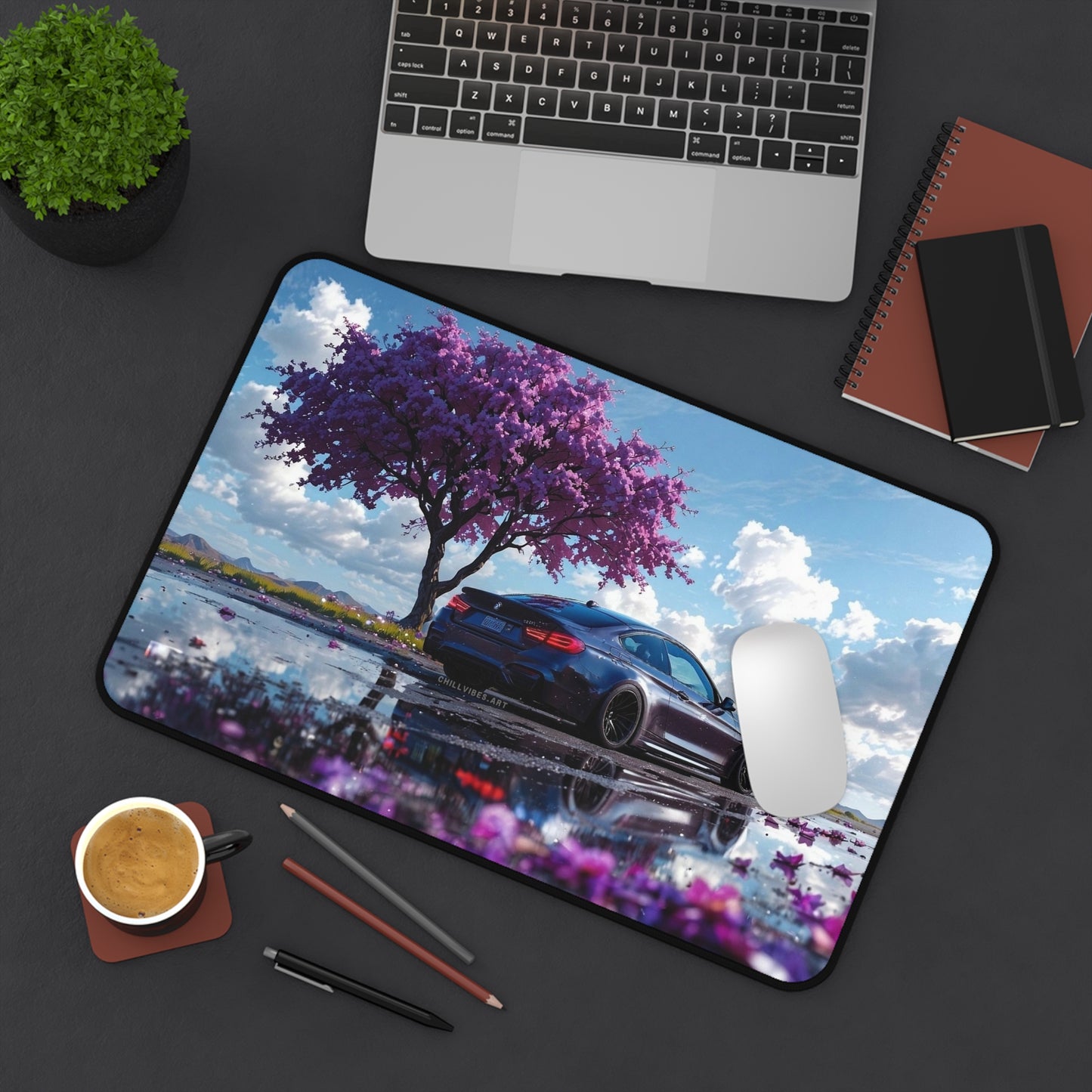 Purple Blossom Sports Car Desk Mat | Scenic Reflection Mouse Pad