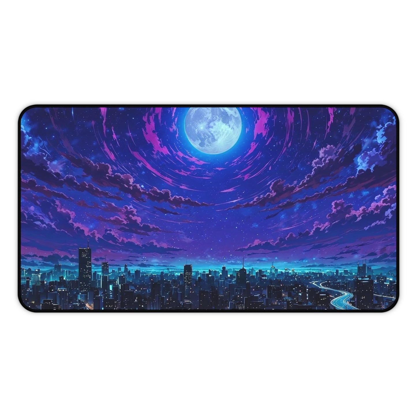 Moonlit City Skyline Desk Mat | Night Sky, Neon Purple Moon