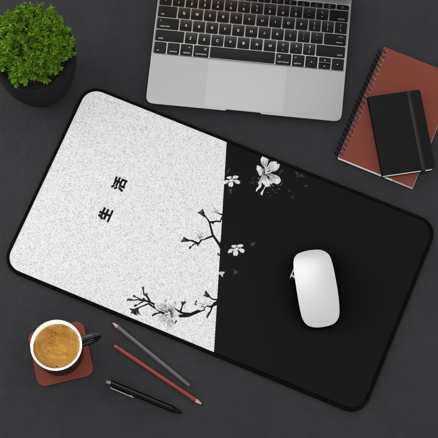Black White Cherry Blossom Split Design Desk Mat | Minimal Aesthetic