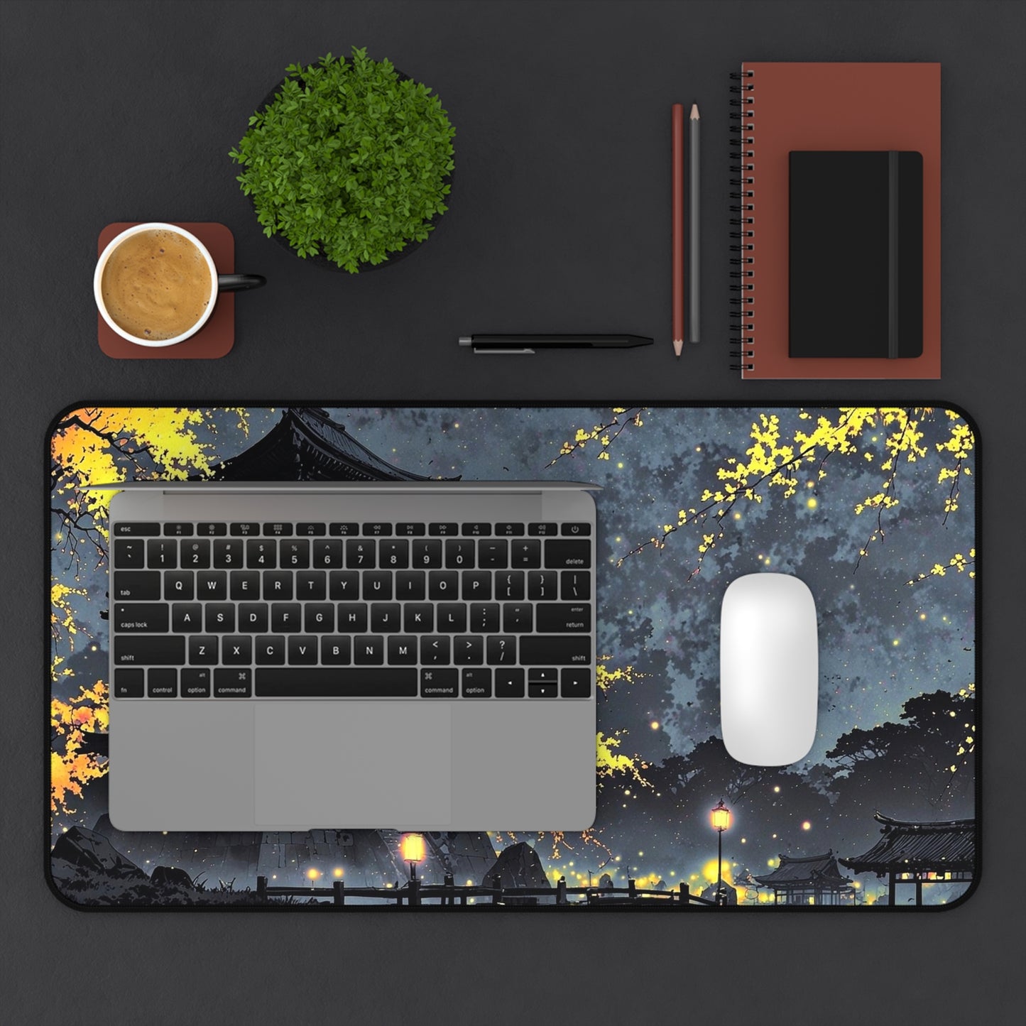 Nighttime Pagoda Landscape Desk Mat | Japanese Temple Scene Mouse Pad