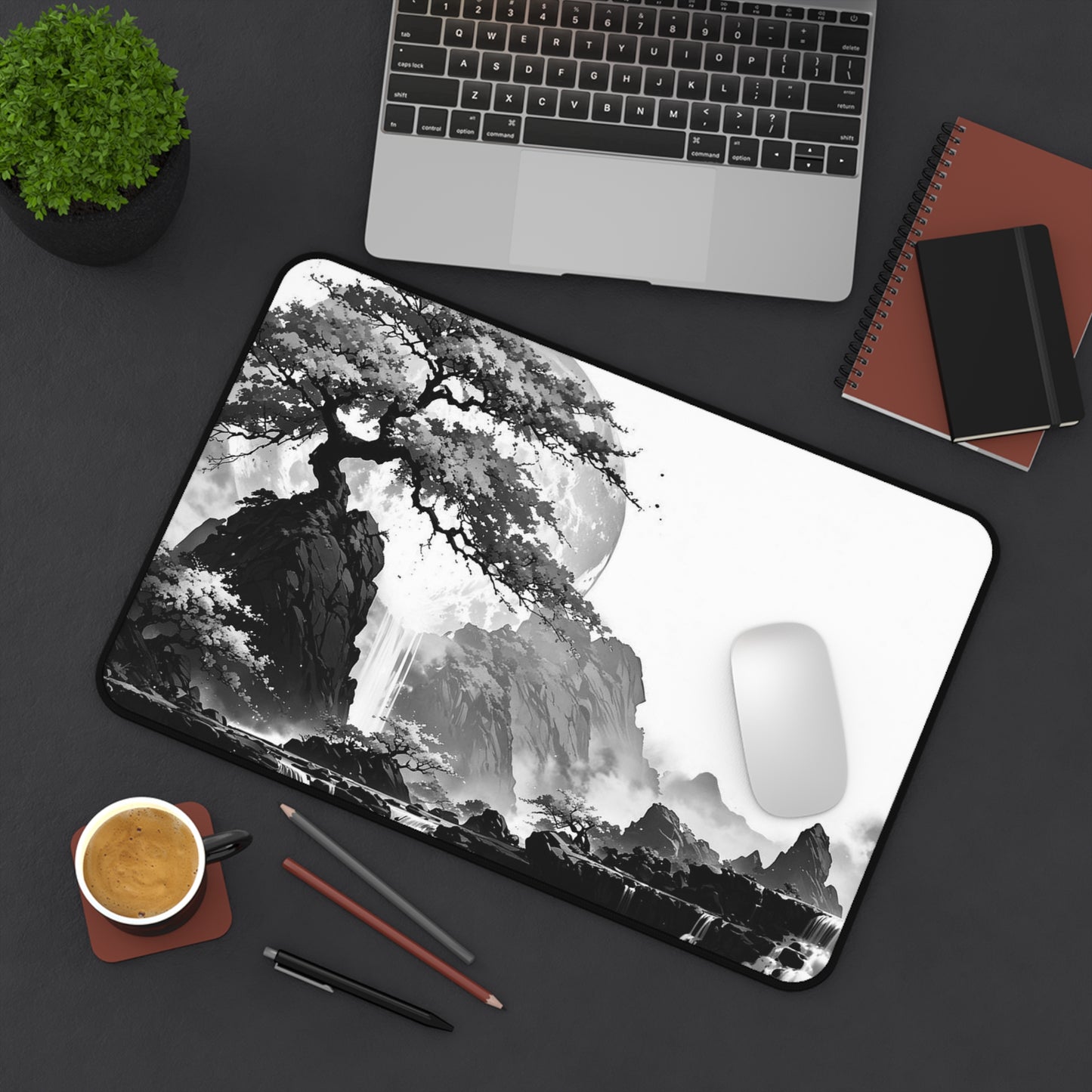Zen Ink Landscape Desk Mat — Black & White Bonsai Moon Mouse Pad