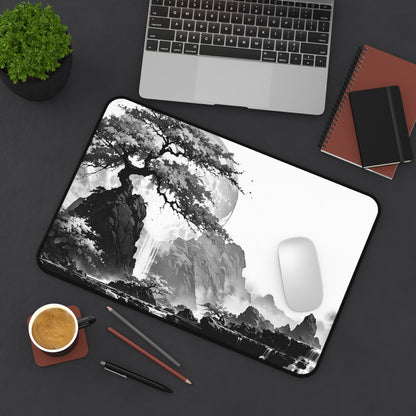 Zen Ink Landscape Desk Mat — Black & White Bonsai Moon Mouse Pad