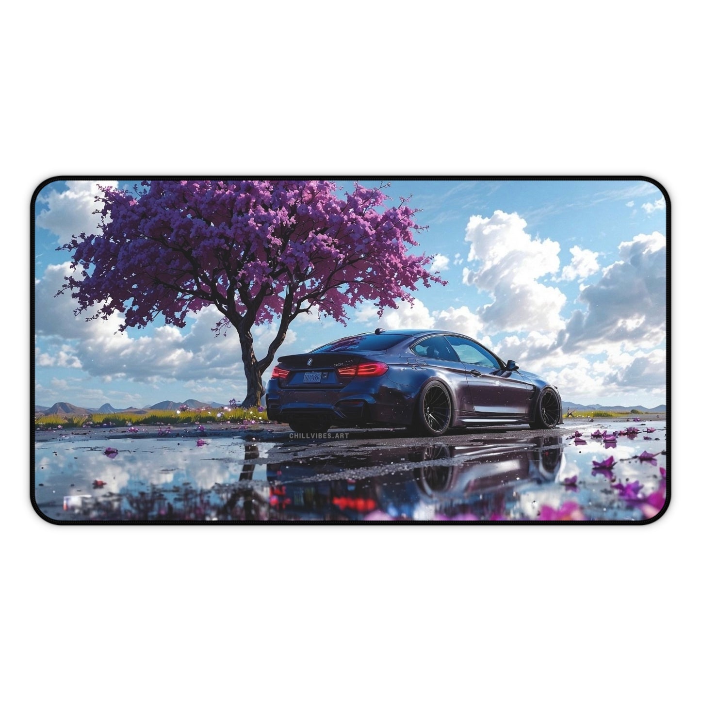 Purple Blossom Sports Car Desk Mat | Scenic Reflection Mouse Pad