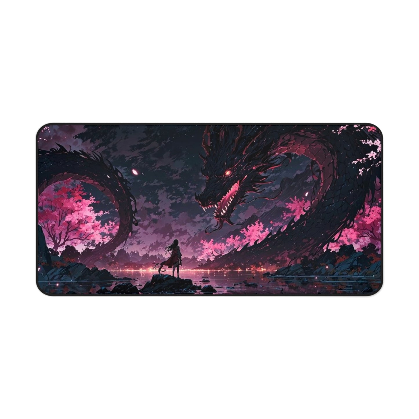 Moonlit Sakura Dragon Desk Mat | Anime Fantasy Landscape Mouse Pad
