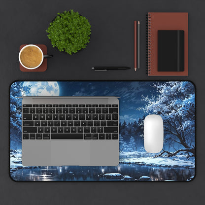 Moonlit Winter Lake Desk Mat | Snowy Forest Nightscape