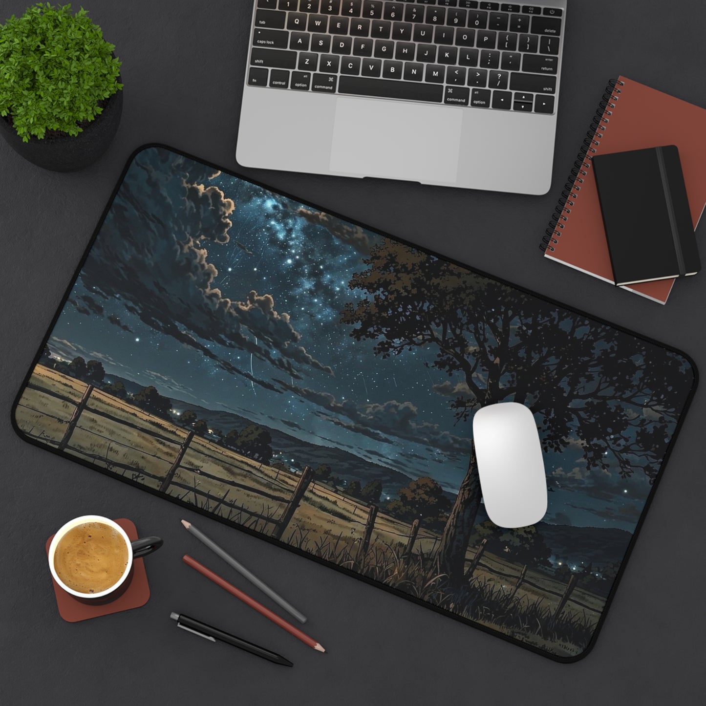 Starry Night Countryside Desk Mat | Moonlit Field Mousepad