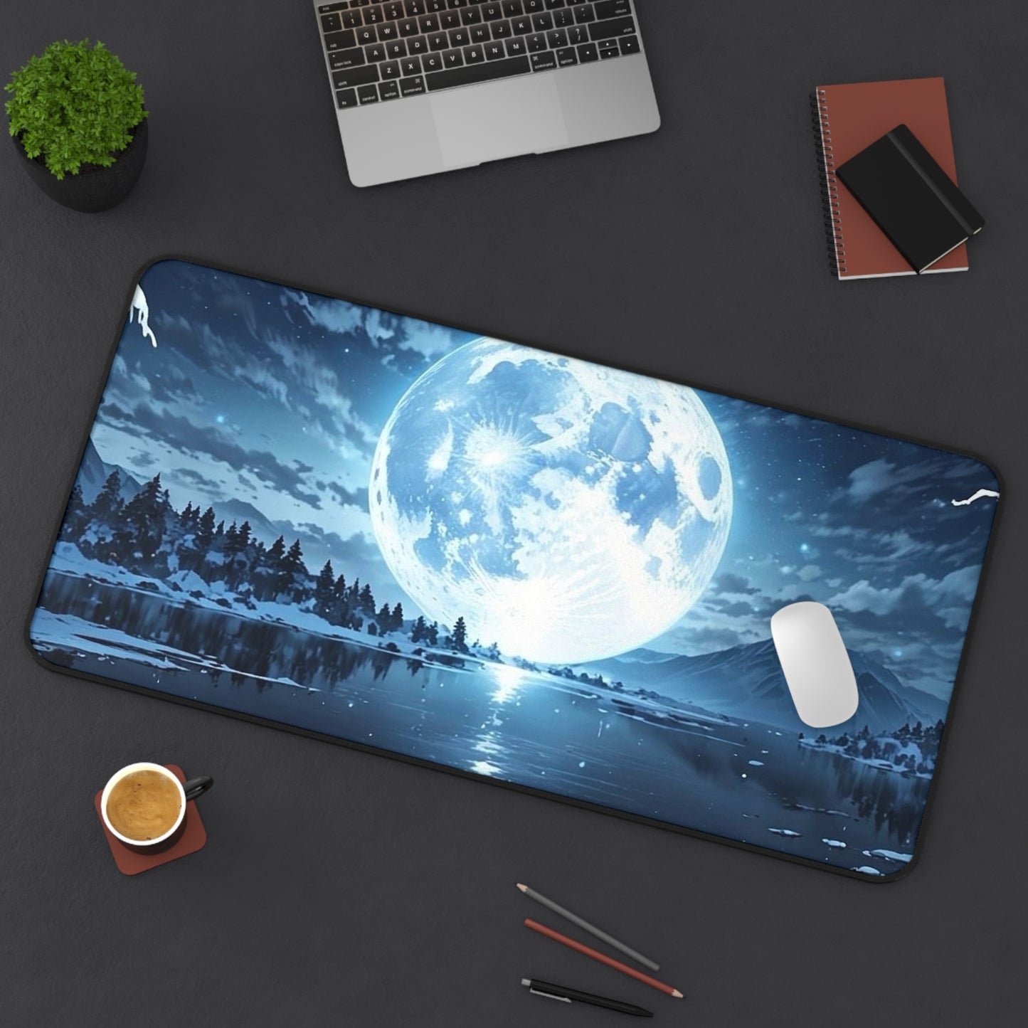 Blue Full Moon Lake Scene Desk Mat | Night Sky Mouse Pad