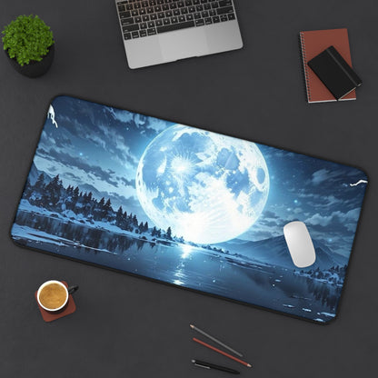 Blue Full Moon Lake Scene Desk Mat | Night Sky Mouse Pad