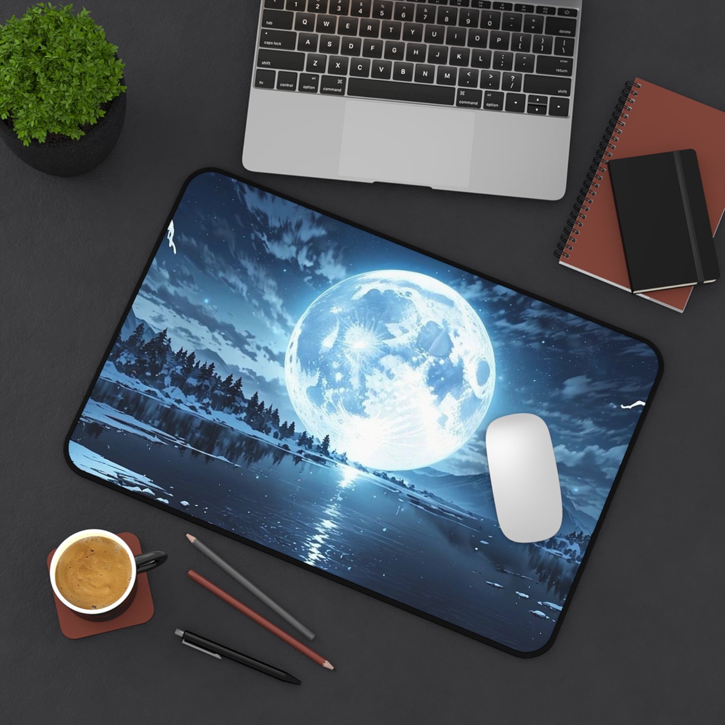Blue Full Moon Lake Scene Desk Mat | Night Sky Mouse Pad