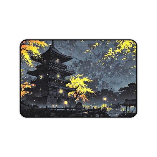 Nighttime Pagoda Landscape Desk Mat | Japanese Temple Scene Mouse Pad