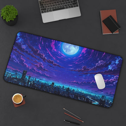 Moonlit City Skyline Desk Mat | Night Sky, Neon Purple Moon