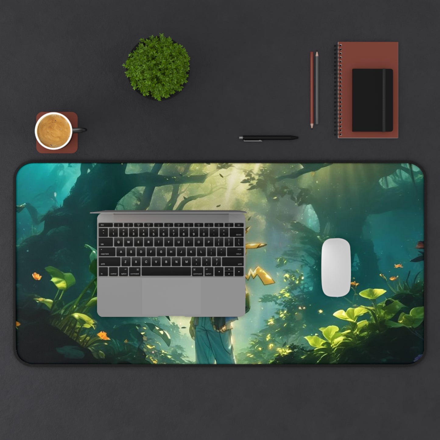 Forest Adventure Scene Desk Mat | Boy with Fox in Sunlit Woods