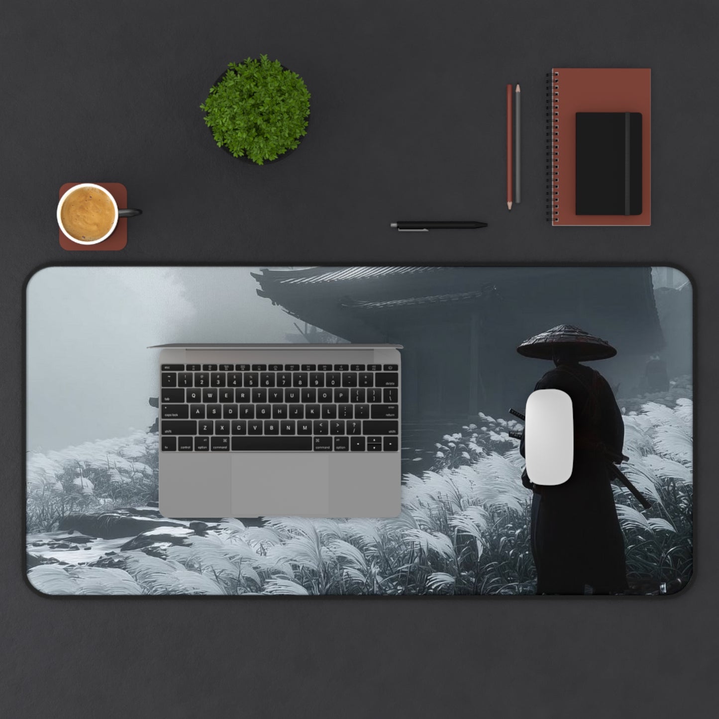 Samurai Temple Desk Mat — Misty Japanese Warrior Landscape Mouse Pad