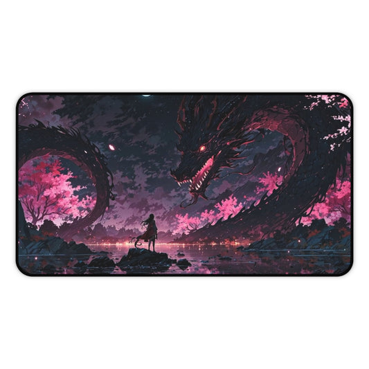 Moonlit Sakura Dragon Desk Mat | Anime Fantasy Landscape Mouse Pad