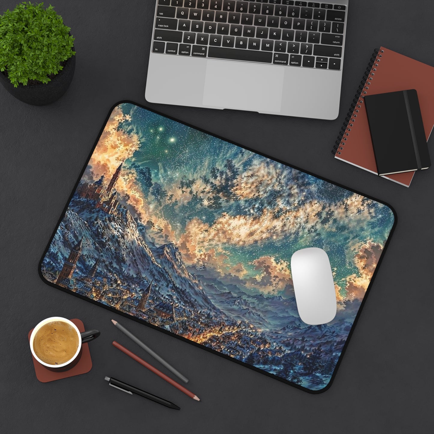 Starry Fantasy Mountain Village Desk Mat | Night Sky Landscape Mouse Pad