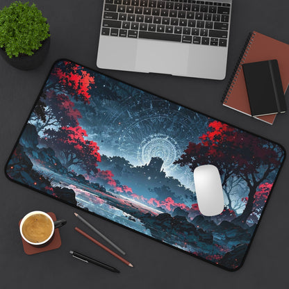 Mystic Castle Landscape Desk Mat | Night Sky, Red Trees, Fantasy Scene