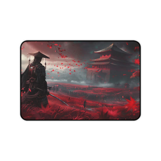 Samurai in Red Maple Field Desk Mat | Japanese Castle Landscape