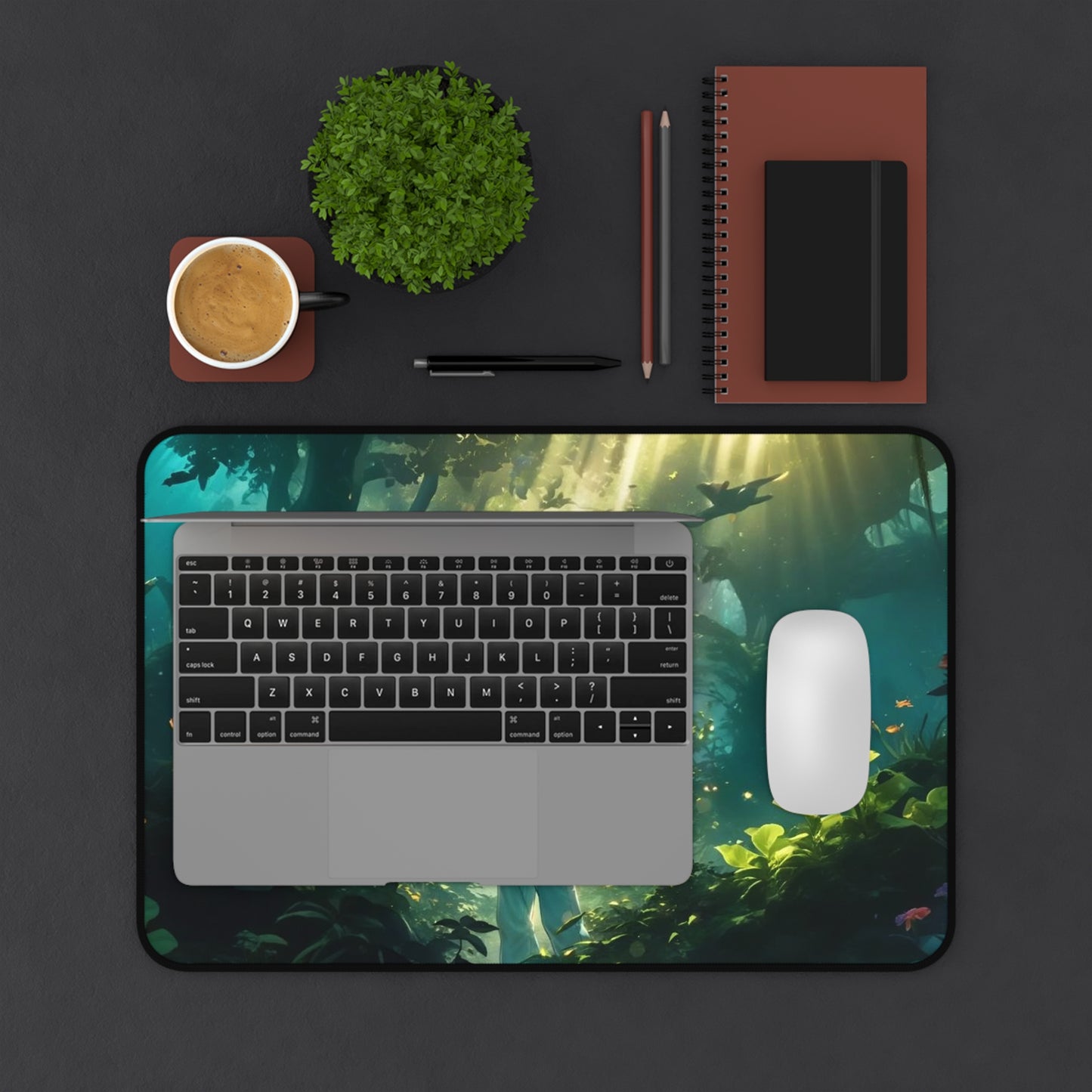 Forest Adventure Scene Desk Mat | Boy with Fox in Sunlit Woods