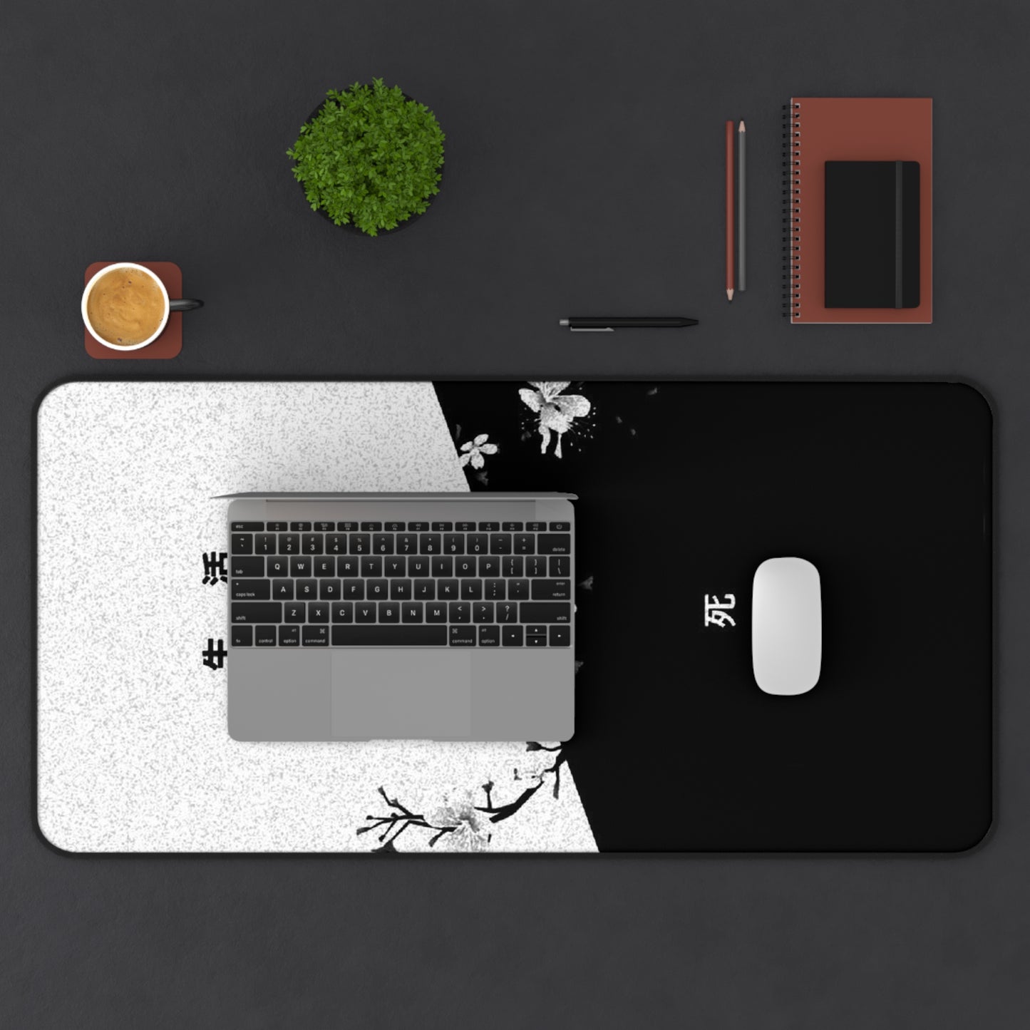Black White Cherry Blossom Split Design Desk Mat | Minimal Aesthetic