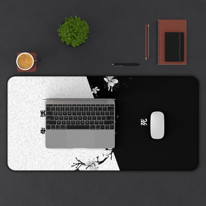 Black White Cherry Blossom Split Design Desk Mat | Minimal Aesthetic