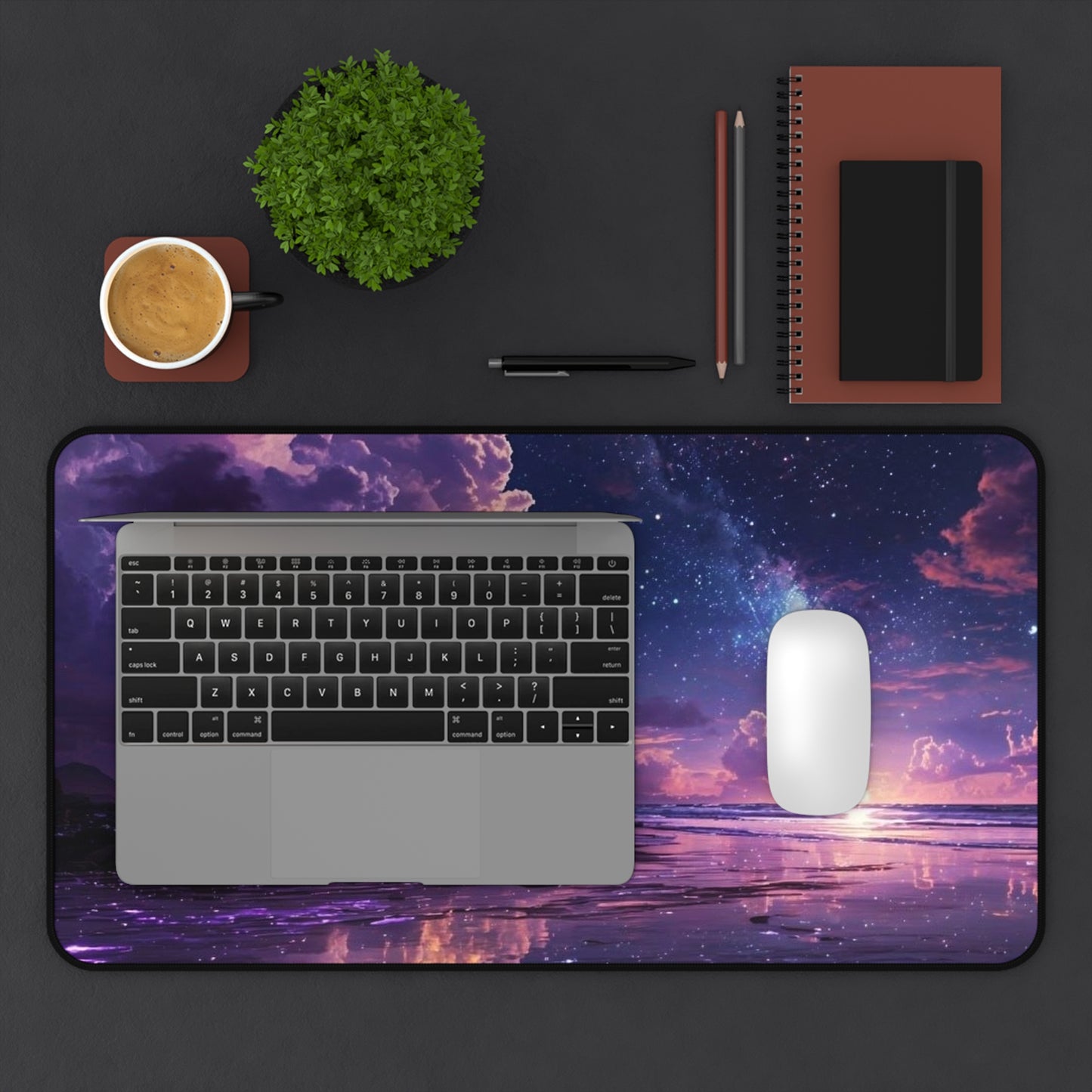 Purple Galaxy Beach Sunset Desk Mat | Cosmic Night Sky Mousepad