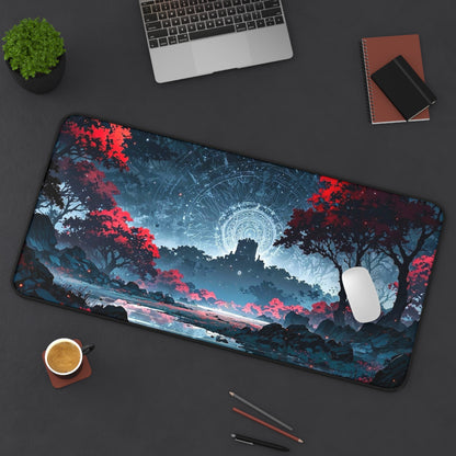 Mystic Castle Landscape Desk Mat | Night Sky, Red Trees, Fantasy Scene