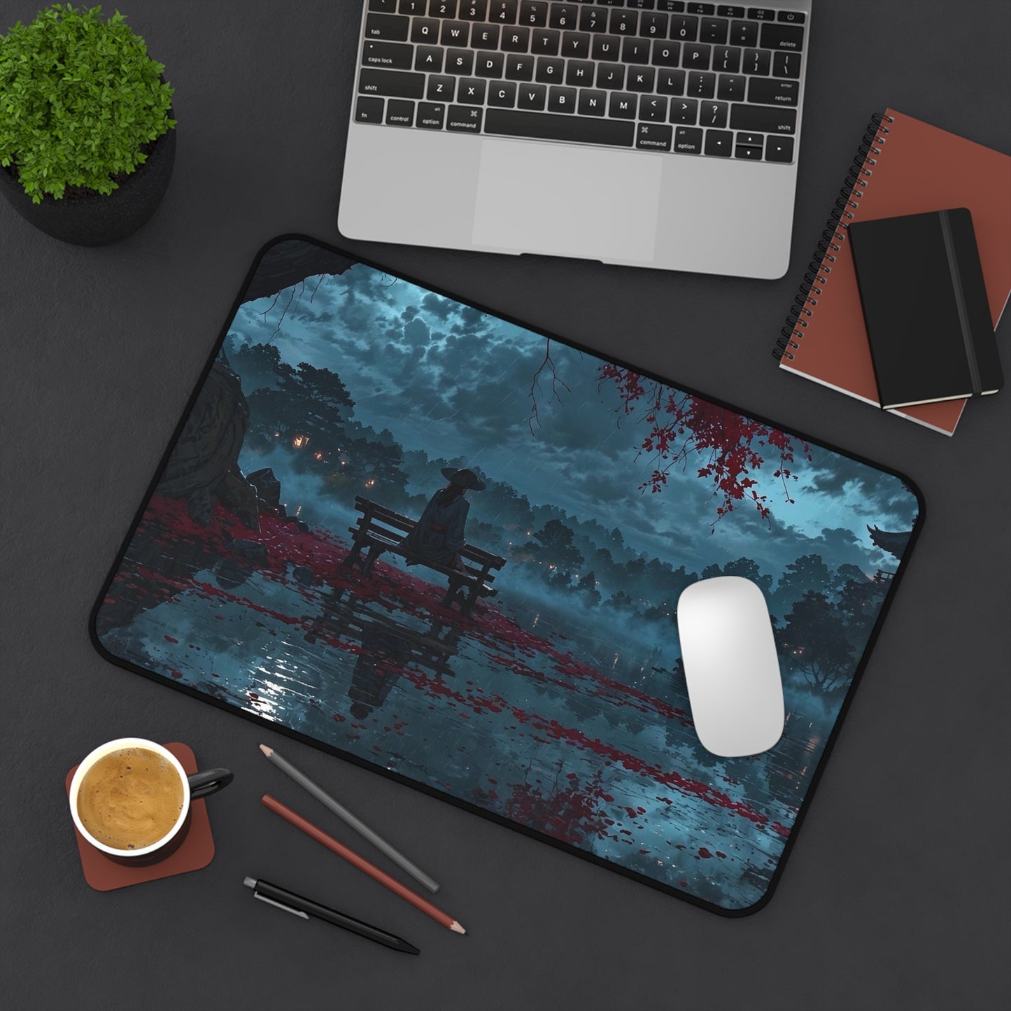Lonely Figure on Bench at Moonlit Lake Desk Mat | Nightscape Vaporwave