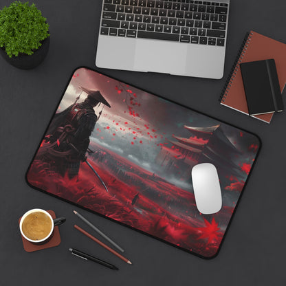 Samurai in Red Maple Field Desk Mat | Japanese Castle Landscape