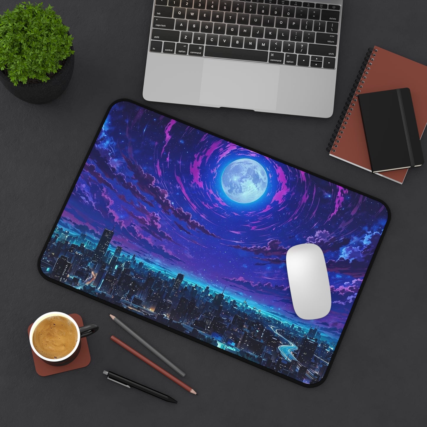 Moonlit City Skyline Desk Mat | Night Sky, Neon Purple Moon
