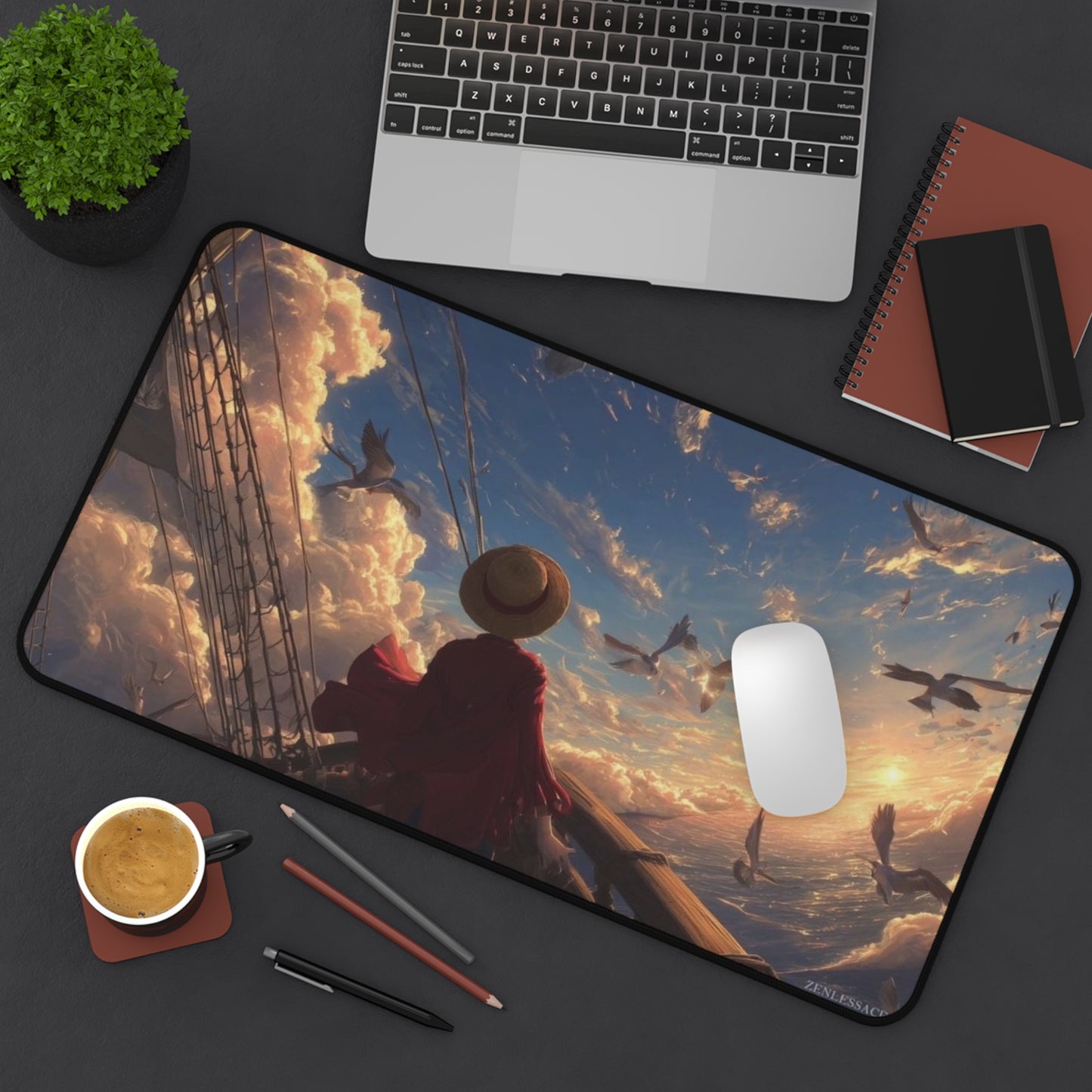 Sunset Sailor Scene Desk Mat | Seagulls, Ocean Sky Artwork