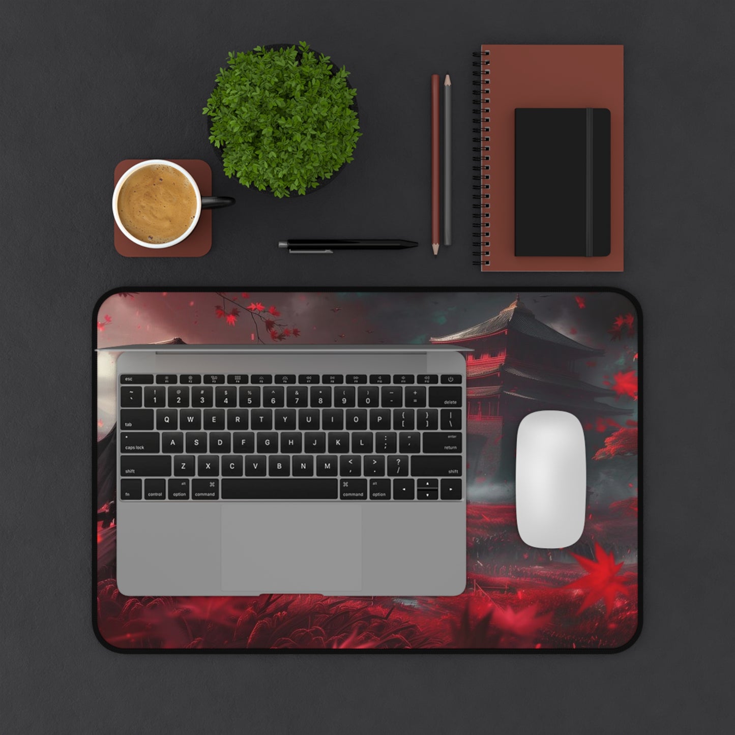 Samurai in Red Maple Field Desk Mat | Japanese Castle Landscape