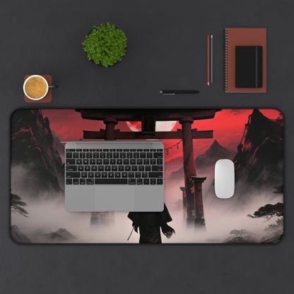 Samurai Torii Gate desk mat | Red Moon Japanese Landscape, Foggy Mountain Mousepad